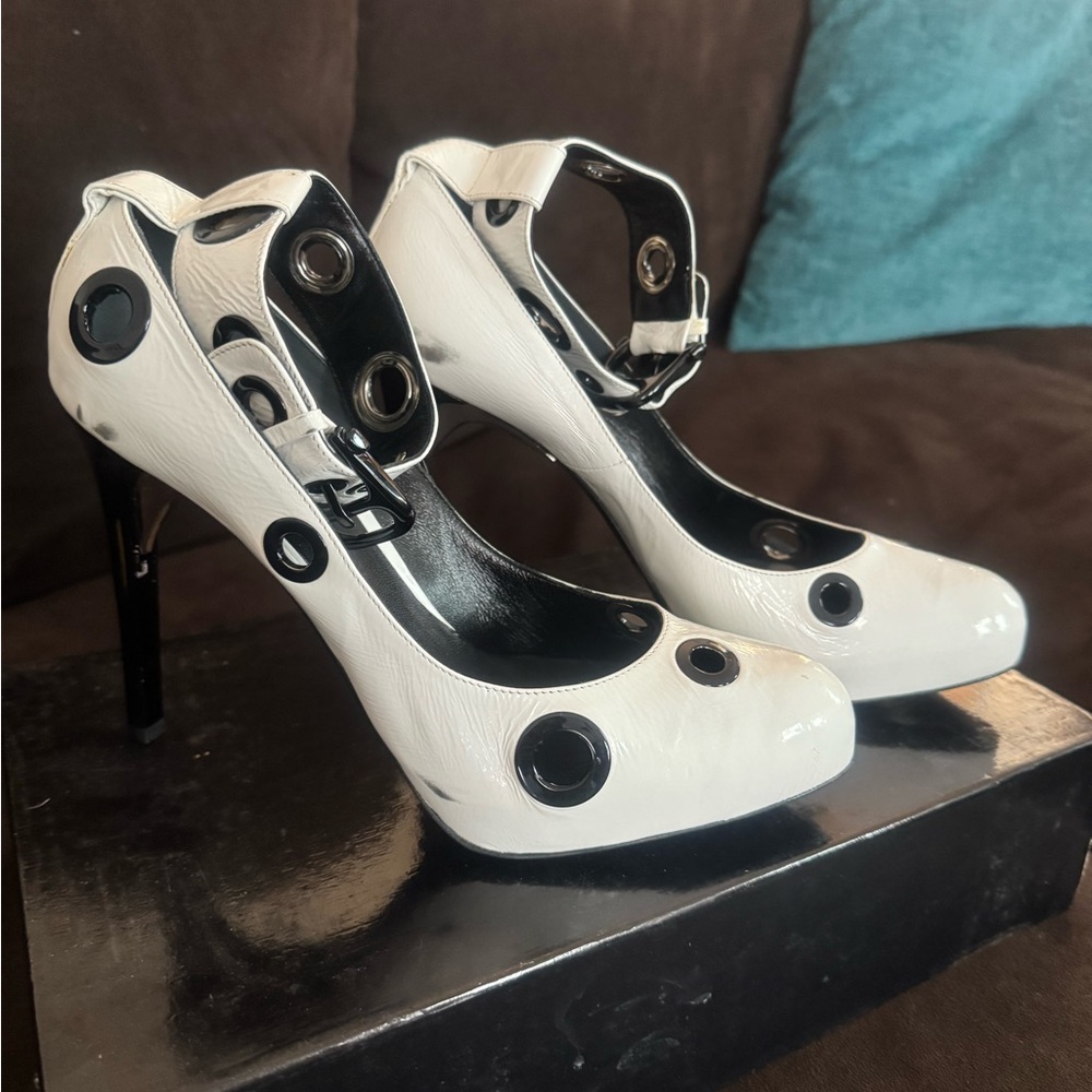 Ruthie Davis White and Black Polka Dot Heels